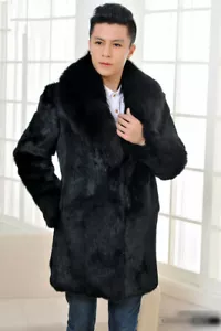 Black Real Rabbit Fur Coat Jacket Lapel With Fur Collar Jacket Luxury Overcoat - Picture 1 of 12