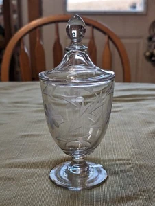Plato de caramelo vintage de 9" con pedestal floral de vidrio transparente grabado boticario con tapa - Imagen 1 de 16