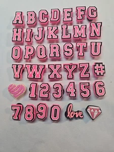 40 Pc VARSITY PINK LETTERS NUMBERS Shoe Charms for Crocs (FULL SET INCLUDED) - Picture 1 of 1