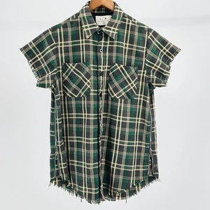 Lifted Anchor Punk Green Woven Plaid Short Sleeve w Frayed Zipper Detail - Picture 1 of 8