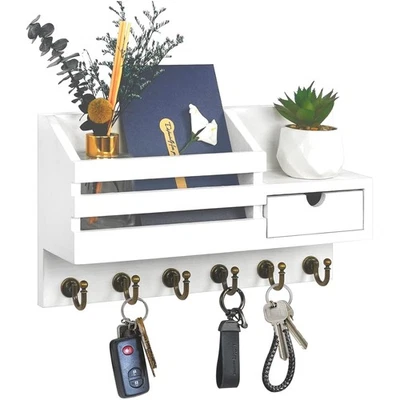 Elegant Wall-Mounted Key & Mail Holder with 6 Hooks & Drawer - Rustic White - Image 1 of 4