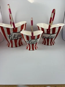 Vintage 50's "Davar" 3 Piece Ceramic Red & White Stripe Snack Bowl Set w/Handles - Picture 1 of 6