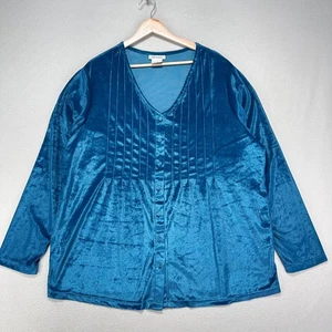Camisa Blusa CW Classics Terciopelo Abotonada Mujer 1X Azul Cuello en V Manga Larga - Imagen 1 de 6