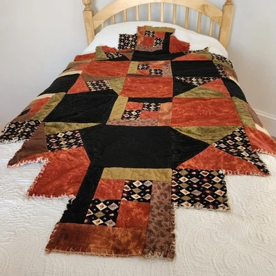 HANDMADE Patchwork Quilt Raw Edge Floral Geometric Cabin Home Bedding 65x65  - Image 1 of 4