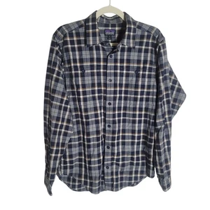 Camisa abotonada de franela Patagonia para hombre talla pequeña S azul a cuadros algodón orgánico - Imagen 1 de 10