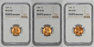 1939 - 1941 1c Lincoln Wheat Cent NGC MS 66 RD Three Coin Lot - Picture 1 of 7