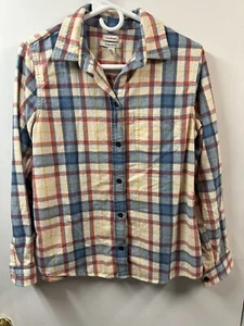 LL Bean Women’s Small Blue Beige Plaid Relaxed Fit Camp Flannel Button Down - Picture 1 of 6