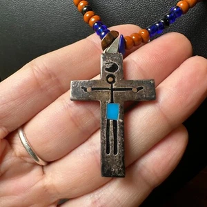 Vintage Taxco Sterling Cross Pendant Multi Beaded Necklace Tigers Eye Lapis - Picture 1 of 13