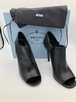PRADA Black Leather Peep Toe Ankle Boots Size 40 - Image 1 of 4