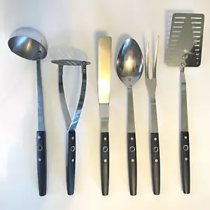 Set di 6 utensili MCM Flint Arrowhead USA inox manico foro centrale nero - Foto 1 di 6