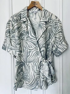Topshop Cream/Grey Pure Silk Side Tie Blouse Top - Size 10 - Picture 1 of 7