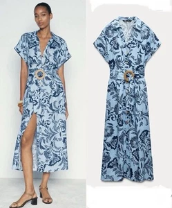 Zara Damen Hemdblusenkleid Leinenmischung Bedruckt Blau/8270/773/112 Größe S Gürtel - Bild 1 von 7