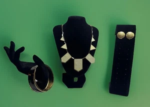 BCBG Geometric Enamel Necklace Misc Matching Earrings Black Cuff Set Gold - Picture 1 of 7