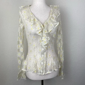 Vintage Womens S Sheer Floral Blouse Ruffle Cottagecore Prairie Victorian Yellow - Picture 1 of 8