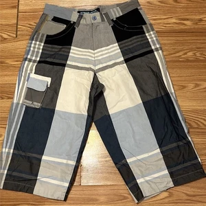 KOMAN JEANS Blue/Gray Plaid Long Shorts Y2K Size M (32-34) Hip Hop Button Cargo - Picture 1 of 11