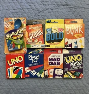 Lot 8 (5 are New) Family Game Night Card Games Uno Flip,Phase 10,Spoons, Blink - Picture 1 of 2