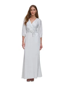 DKNY Womens Silver Belted Lined Balloon Sleeve Faux Wrap Dress 8 - Picture 1 of 11