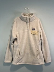 Patagonia Girls Sweater Large 12 Off White Re Tool Fleece Snap T Pullover Pocket - Picture 1 of 8