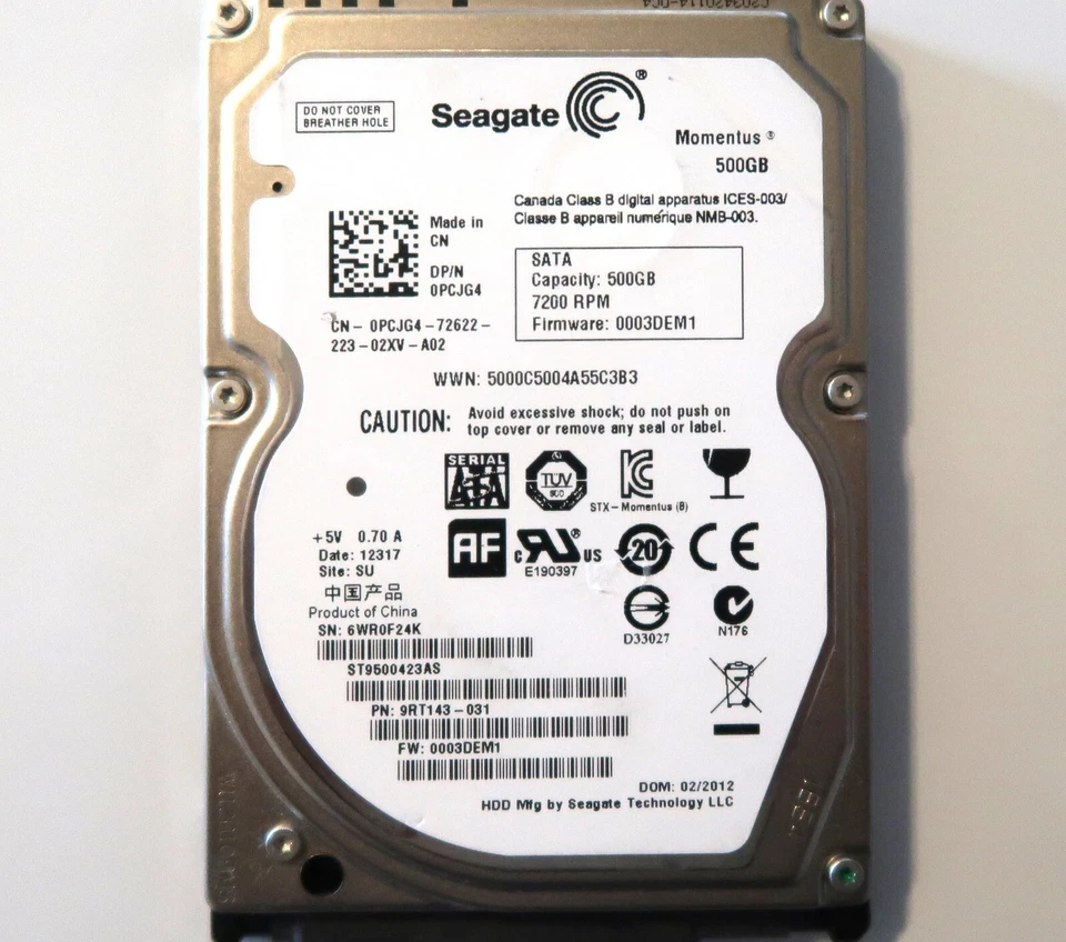 Seagate ST9500423AS 9RT143-031 0003DEM1 (6WR0) SU China 500gb 2.5" Sata 02/2012 - Image 1 of 4