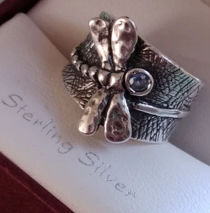 Shablool 925 Silber Band Stil Ring Einsatz Drachenfliege mit Blautopas Stein - Bild 1 von 10