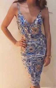 Kookai Toscana Pencil Bandage Stretch Dress Blue White Print Moroccan 1 XS ~ - Picture 1 of 11