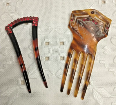 Lot Of 2 Antique Celluloid Faux Turquoise Shell Hair Pin With Red Rhinestones - Image 1 of 4