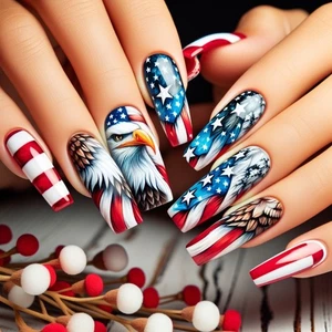 24pcs Red White Blue Striped Press on Nail with Patriotic Stars False Nail - Picture 1 of 8