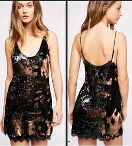 Vestido sin Mangas Free People Seeing Doble Bronce Dorado/Negro Lentejuelas Grandes Eras Brillantes - Imagen 1 de 9