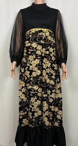 Vintage 1970s Editions in Fashion Black & Gold Maxi Dress Sheer Sleeves Velvet - Picture 1 of 8
