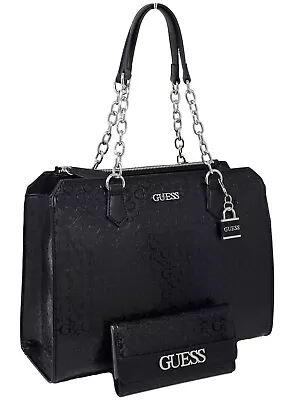 Guess Women's Ellison Logo Debossed Satchel Tote Bag Handbag & Wallet Set- Black - Image 1 of 4