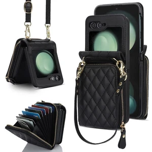 For Samsung Galaxy Z Flip6 Flip5 4 3 Wallet Case Leather Card Holder Cover Strap - Picture 1 of 32
