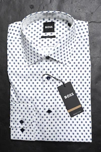 Hugo Boss Men's Hank Kent Slim Fit White/Blue Spotted Cotton Dress Shirt 44 17.5 - Picture 1 of 14