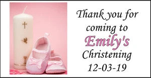 48 Personalised Christening Pink Party Stickers Labels Party Bags Sweet Cones - Picture 1 of 3