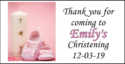 48 Personalised Christening Pink Party Stickers Labels Party Bags Sweet Cones - Image 1 of 3