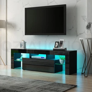 130cm TV Stand Cabinet LED Entertainment Unit Gloss Front Wood Storage Drawer BK - Picture 1 of 7