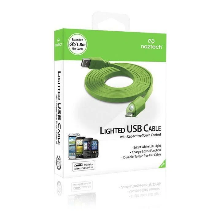LOTE X 108 NAZTECH VERDE 6 pies Cable Micro USB ILUMINADO con Control Táctil Capacitivo Foto 1 de 4