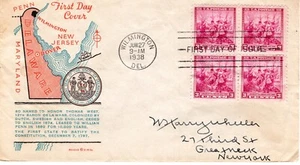 1938 #836 DELAWARE (SCHWEDEN UND FINNEN) BLK4 FDC MIT MEHRFARBIGEM PAVOIS-GÜTESIEGEL - Bild 1 von 1