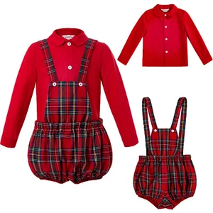 Gentleman Infant Boys Christmas Outfit Red Long Sleeve Shirt Plaid Bib Suspender - Bild 1 von 12