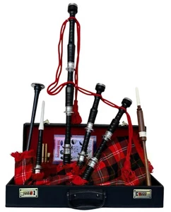 Highland Rosewood Bagpipe For Sale Black Finish With Chisholm Red Modern Tartan - Picture 1 of 5