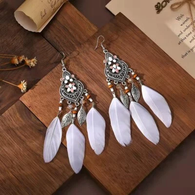 Moda Mujeres Pendientes Bohemios Vintage Esmaltado Corazón Pluma Cuentas Borla 1489 Foto 1 de 4