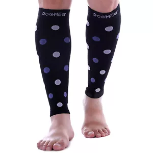 Doc Miller Calf Compression Sleeve 1Pair 20-30mmHg Varicose PolkaDot BLK/VIO-WHT - Picture 1 of 9