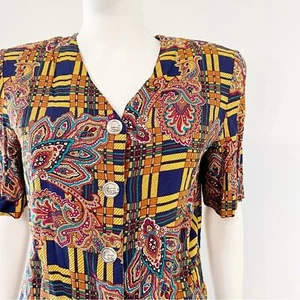 VINTAGE Norton McNaughton Blue Yellow Plaid Paisley Boxy Button Blouse, 12 L - Picture 1 of 9