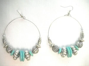 TURQUOISE BLUE HOWLITE STONE BEADS & SILVER DECO BEADED LARGE HOOP EARRINGS - Picture 1 of 1