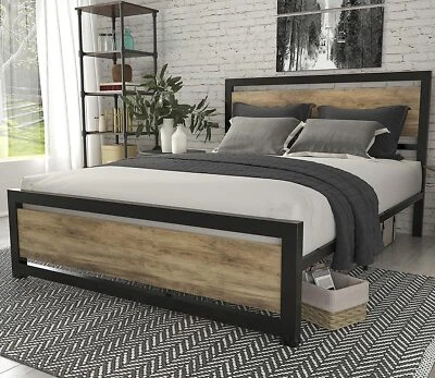 LOV4EVER Queen Heavy Duty Metal Platform Bed Frame with Wood Headboard & Footboard, Brown