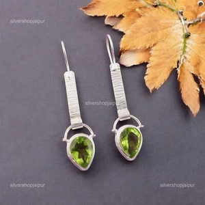 Natural Peridot 925 Solid Silver Dangle Drop Hook August Birthstone Earrings - Picture 1 of 7