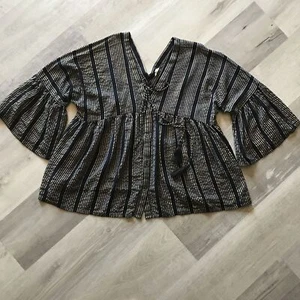 Boutique Black Gold Double V-Neck Flare 3/4 Sleeve Boho Flowy Blouse Large - Picture 1 of 12