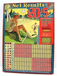 Vintage Net Results Tennis Girl 5 ct Thick Punch Board Gambling Old Store Stock - Picture 1 of 2