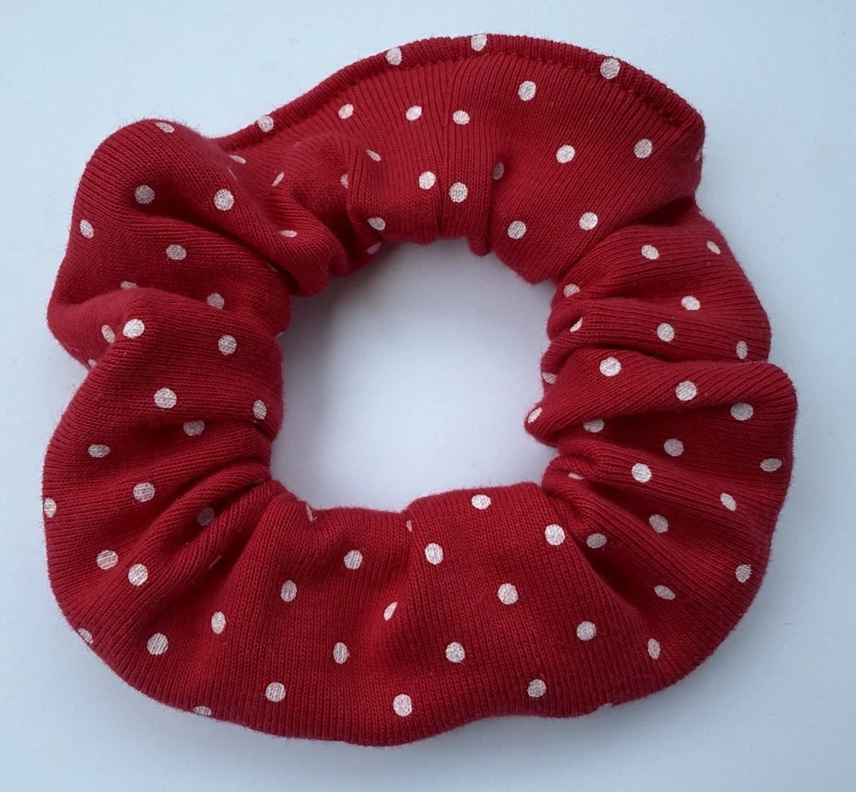 Red Polka Dot Knit Cotton Hair Scrunchie Ponytail Holder Handmade - Image 1 of 1