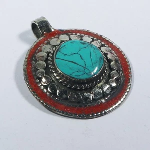 Tibetan Genuine Turquoise and coral roud Pendant Nepal Amulet Jewellery Size 2" - Picture 1 of 7