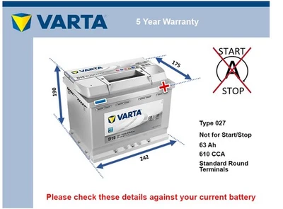Battery fits VOLVO XC60 C30 V50 V60 XC70 S40 V40 V70 850 940 Varta 027 - Image 1 of 4